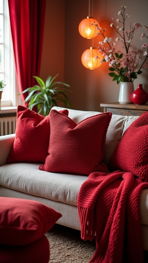 6. Add Red Pillows and Throws for Cozy Touches