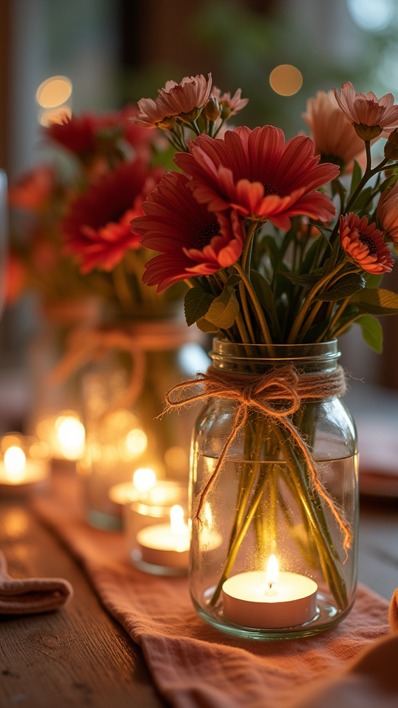 Fill Glass Jars with Candles and Flowers for a Charming Centerpiece