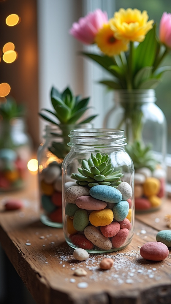 7. Fill Clear Jars with Colorful Stones and Succulents