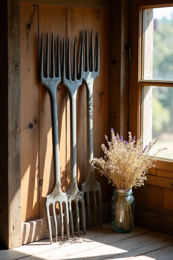 ornamental agricultural tools displayed