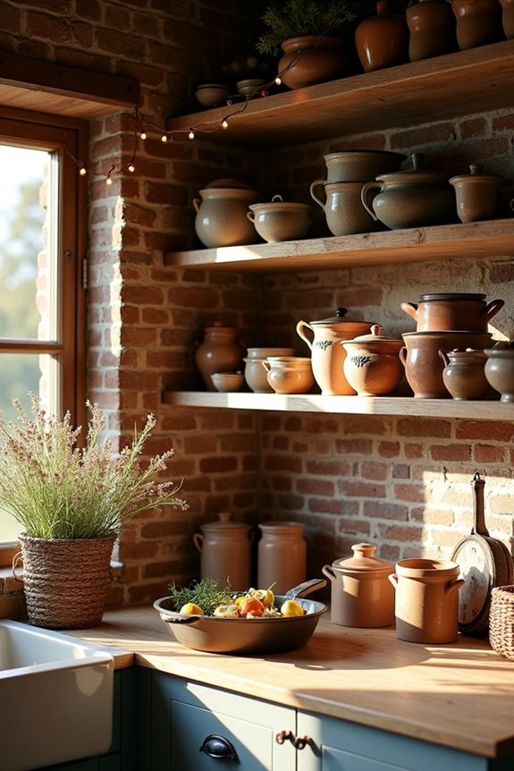 rustic dishware on shelves