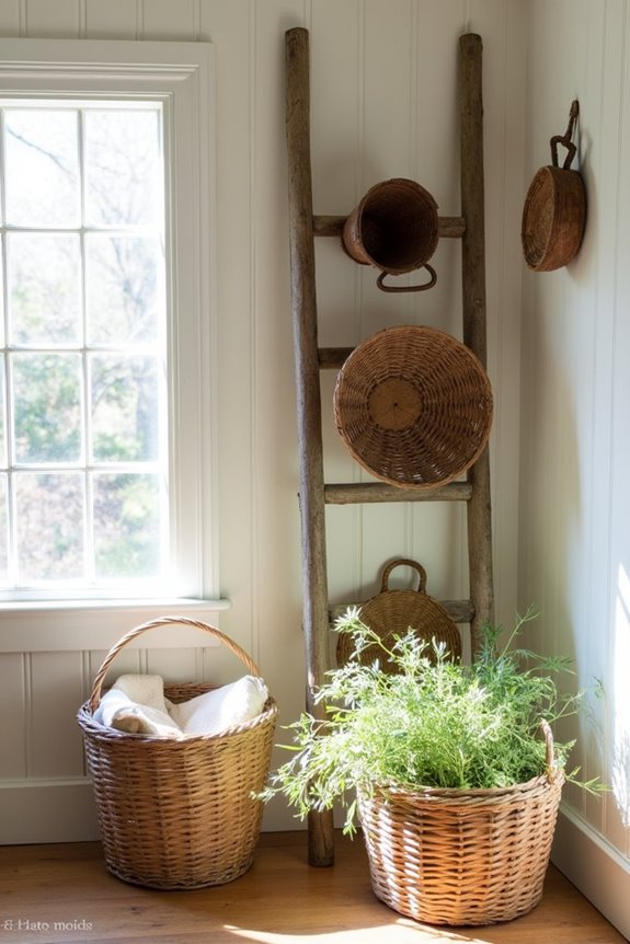 vintage baskets on ladder