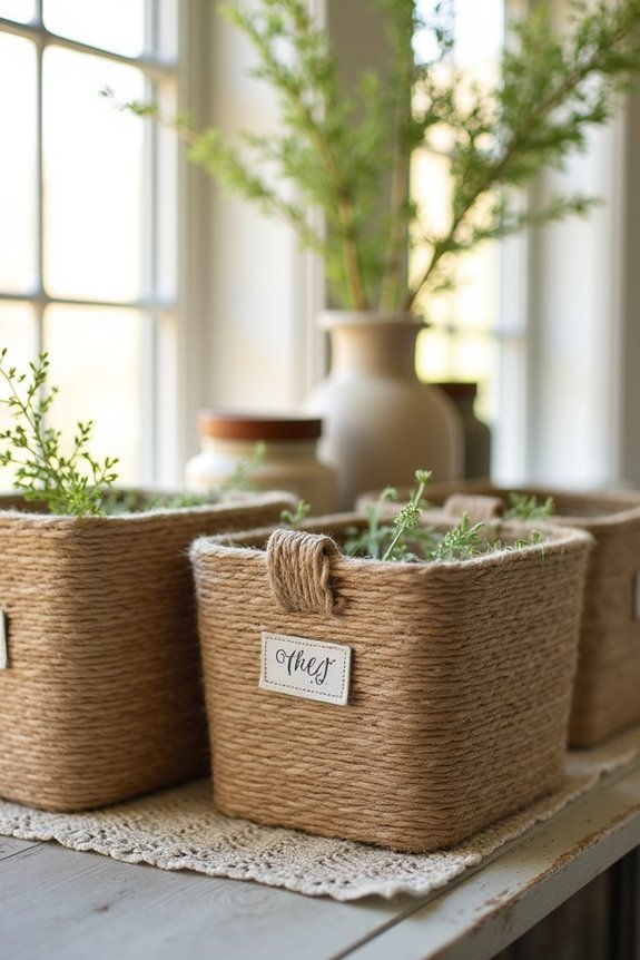 twine decorated storage bins