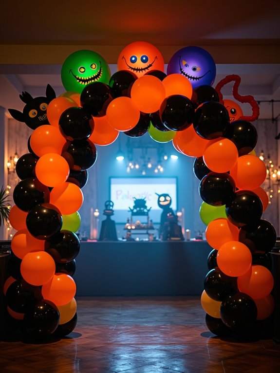 colorful monster themed balloon arch
