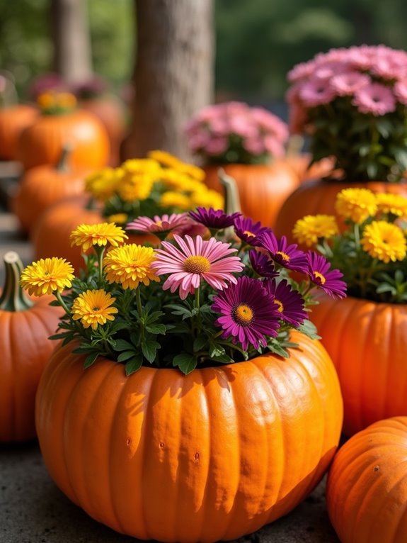 colorful pumpkin flower planters