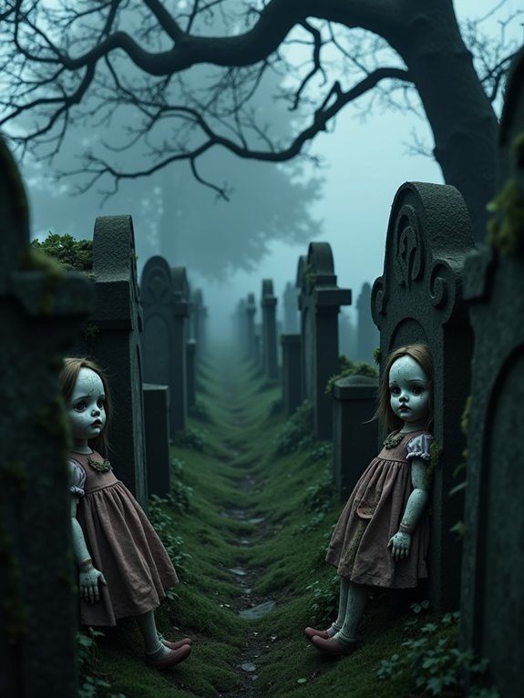creepy dolls among gravestones