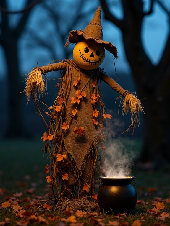 eerie scarecrow with cauldron