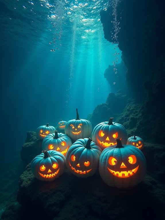 ethereal glowing underwater pumpkins