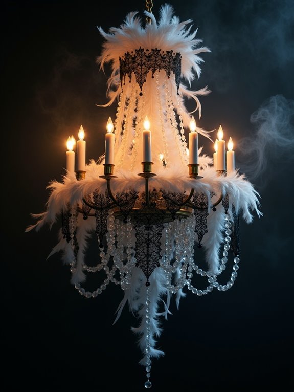 feathered chandeliers enhance ambiance