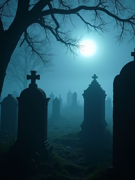 foggy graveyard with tombstones
