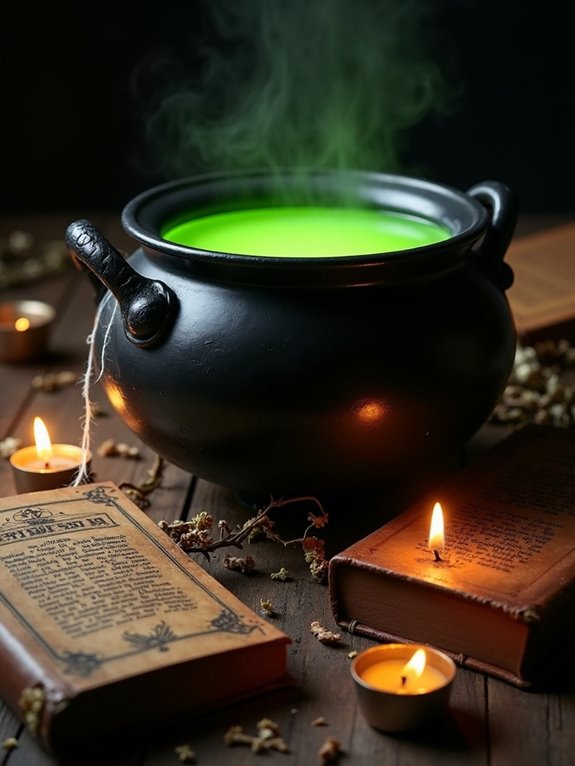magical cauldron and books