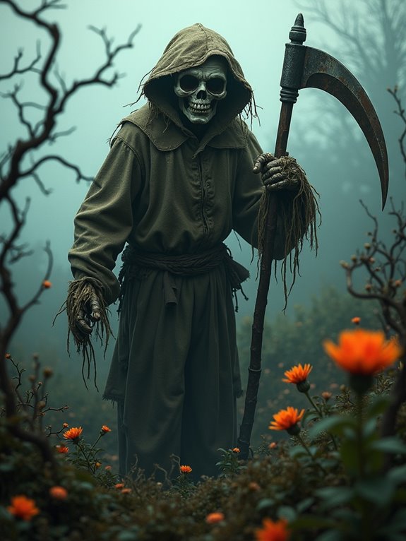 ominous scarecrow with scythe