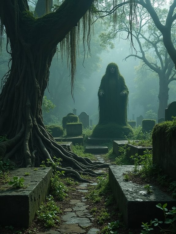 overgrown graves and shadows
