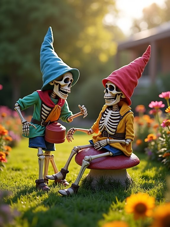 skeleton gnomes enhance gardens