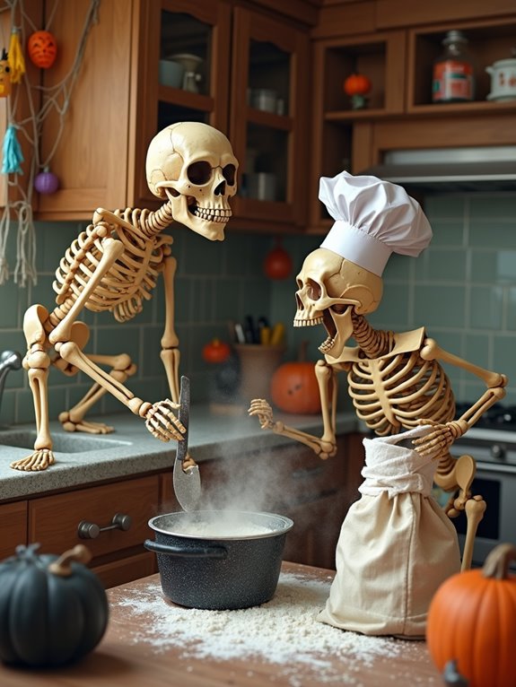 skeletons baking cookies playfully
