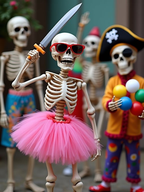 skeletons in silly costumes