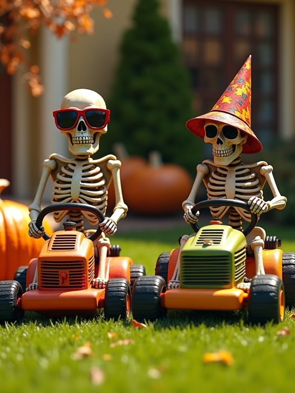 skeletons on lawn mowers