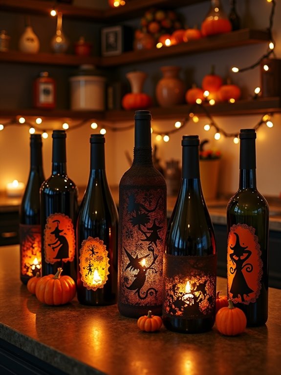 spooky decorated wine bottles