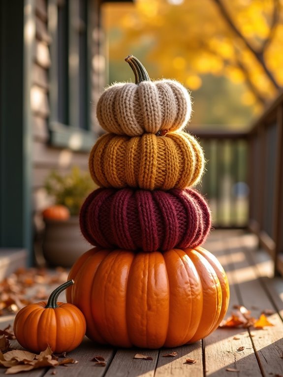 sweater wrapped pumpkin stack