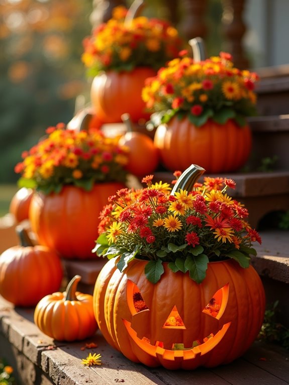 tiered pumpkin flower displays