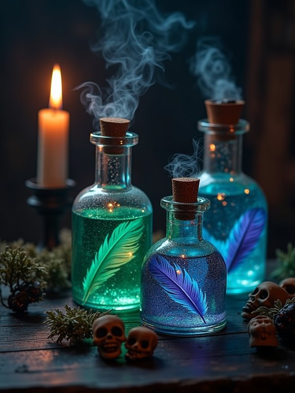 whimsical feathered potion bottles