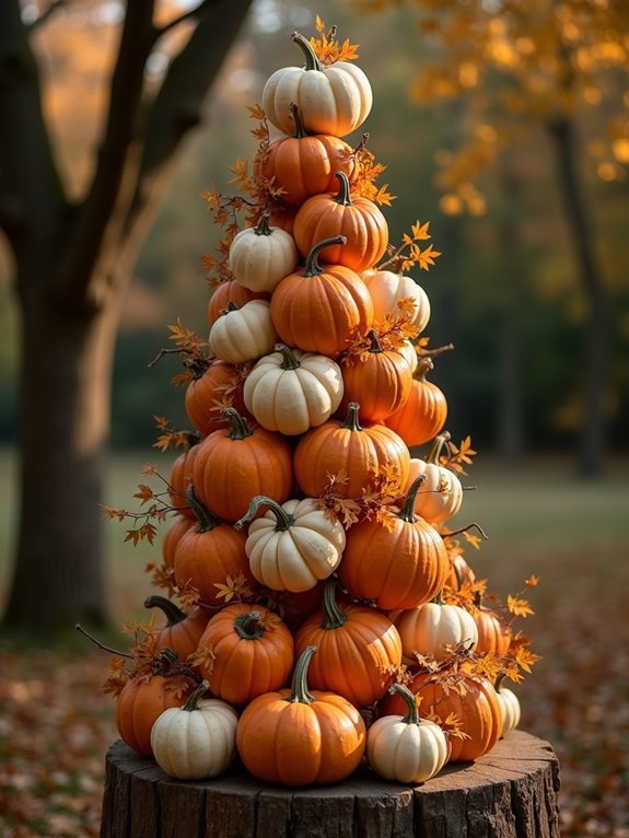 whimsical stacked pumpkin display