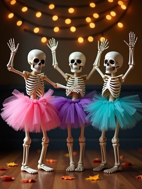 whimsical tutu wearing skeletons