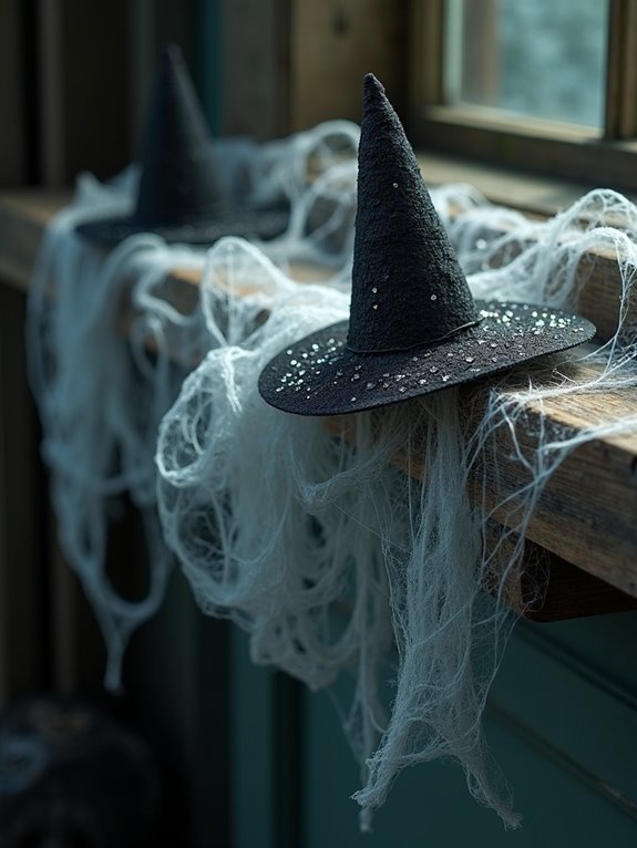 witch hats on cobwebs