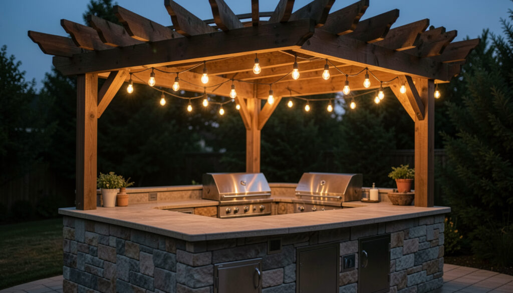 15 Bold Pergola Over Outdoor Kitchen Lighting Ideas